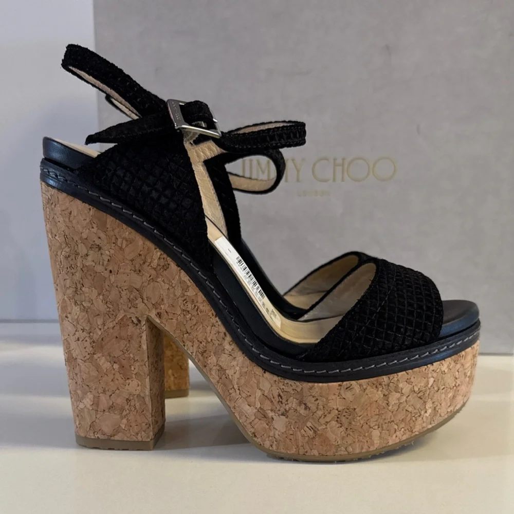 Jimmy Choo Naylor 135 Platform Sandals Black Suede Cork Block Size 38.5…
